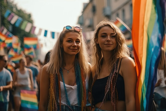  Love Without Borders. A lesbian couple holding hands at a pride parade surrounded by rainbow flags. Inclusion and diversity concept. AI Generative