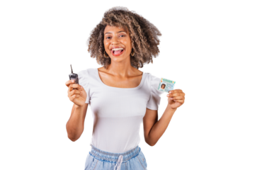 beautiful Brazilian woman, black,.holding driver's license, driver's license and car key.