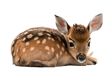 a spring-themed illustration photo featuring an isolated cute baby deer fawn laying down set on a transparent background in PNG. Generative AI © Purple Penguin GFX
