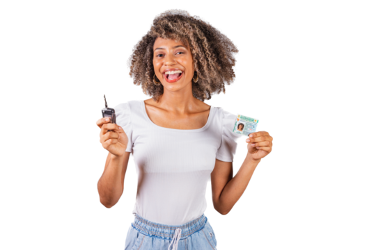 beautiful Brazilian woman, black,.holding driver's license, driver's license and car key. - Powered by Adobe