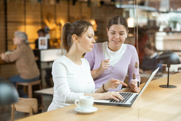 Positive female freelancers sitting at table with cup of coffee and laptop, browsing websites on internet