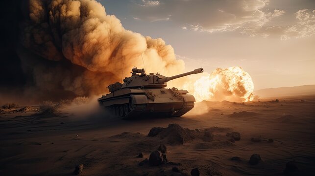 armored tank crosses a mine field during war invasion epic scene of fire and some in the desert, generative ai