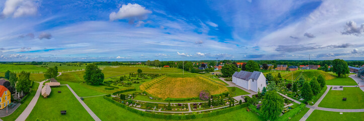 Panorama view of Jelling burial mounds in Denmark