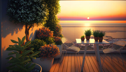 Ai Generated, Nice view from the terrace. Evening sunset on the sea.
