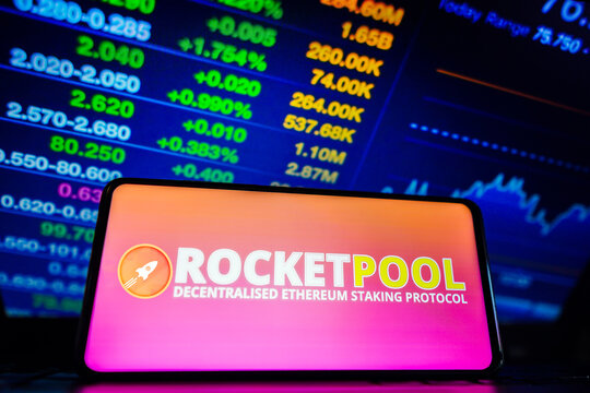 March 28, 2023, Brazil. In this photo illustration, the Rocket Pool (RPL) logo is displayed on a smartphone screen.