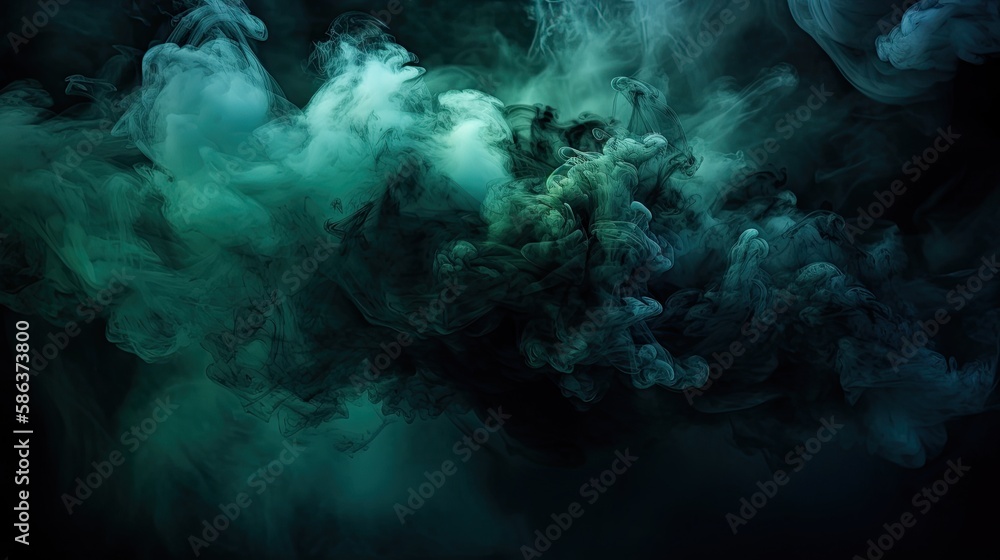 Wall mural horror green blue clouds, grunge dark smoke texture, black haunted background for horror - thriller, generative ai