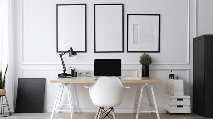 white blank frame mockup with modern business offices background, generative ai