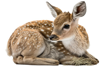 a spring-themed illustration photo featuring an isolated cute baby deer fawn laying down set on a transparent background in PNG. Generative AI