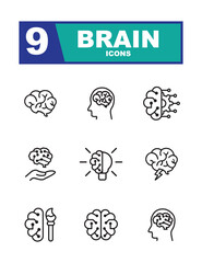 Brain icons. Set containing icons of brain, brain storm, ingenuity, neurology and thinking.
