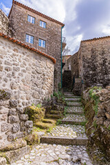Obraz premium Cobbled stairway amid stone houses.