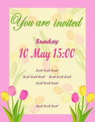 Invitation card with colorful tulips on a pink background with a yellow template for text. Spring vector illustration.