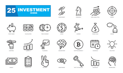 Investment linear icons. The set includes icons such as investment, finance, business and much more. Perfect icons for website.