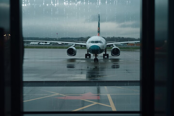 Fototapeta premium Airplane in airport at rainy day. delay. Weather-Proof Flights. Ensure safe and on-time flights even in bad weather conditions at the airport. Airplane and safety concept. AI Generative