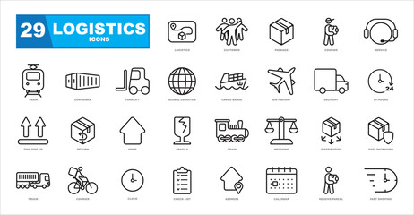 Set of icons representing logistics, shipping, customer service, returns and more.