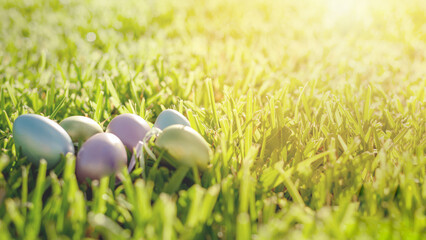 Multicolored Easter eggson a sun-drenched green beautiful lawn. Happy easter.Greetings and presents for Easter Day celebrate time.