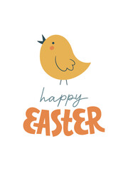 Happy Easter vector card. Hand-drawn design of Spring greeting card. Easter egg with chick and hand lettering sign happy Easter