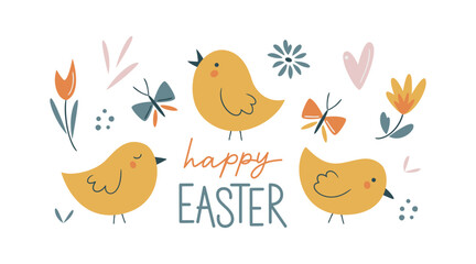 Easter vector card. Hand-drawn design of Spring greeting card. Square card with chicks, flowers and butterfly. Happy Easter hand writing sign