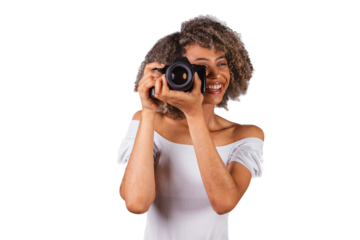 beautiful Brazilian woman, black,.holding photo camera, photography as a hobby, tourist.