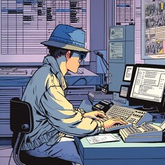 Private detective hard at work researching in anime cartoon style