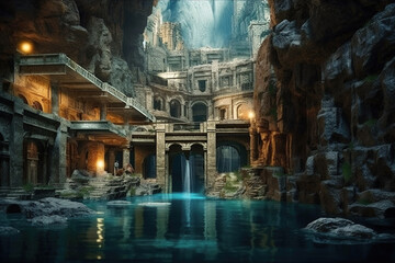 Underground city with river and rooms, fantasy of lost cave town, generative AI. - obrazy, fototapety, plakaty