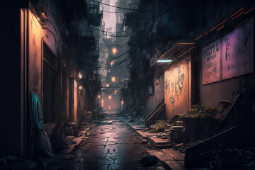 Dark street in cyberpunk city, gloomy alley with garbage, generative AI.