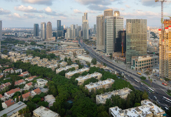 Tel Aviv-Yafo, Israel - September 23, 2020: Tel Aviv and Ramat Gan top view. Modern skyscrapers and green dormitory quaters