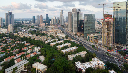 Tel Aviv-Yafo, Israel - September 23, 2020: Tel Aviv aerial view. Green dormitory quaters and modern downtown