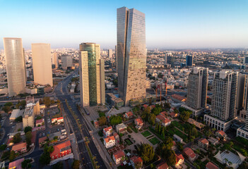 Tel Aviv aerial summer view. Skyscrapers and green dormitory area