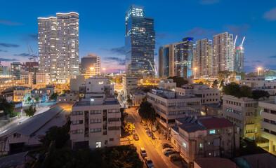 Tel Aviv night view: modern skyscrapers and dormitory area
