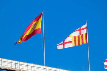 Flags of different countries and sports teams, flags with different coloured stripes.