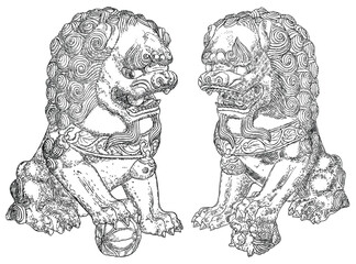 Imperial guardian lions set, foo dog or fu dog in western languages. Stylized Chinese lions, male with a ball and female with a cub. Protect the building from harmful spiritual influences. Vector. - 586376261