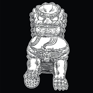 Chinese Imperial guardian lion drawing. Traditional Chinese architectural statue ornament made of decorative stone, such as marble and granite or cast in bronze or iron. Vector.