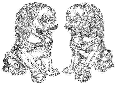 Imperial guardian lions set, foo dog or fu dog in western languages. Stylized Chinese lions, male with a ball and female with a cub. Protect the building from harmful spiritual influences. Vector.