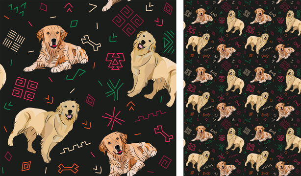 Abstract ethnic pattern with Golden retriever, black history month, juneteenth seamless pattern with hand-drawn lines and colorful shapes in traditional African style. Summer seamless pattern with dog
