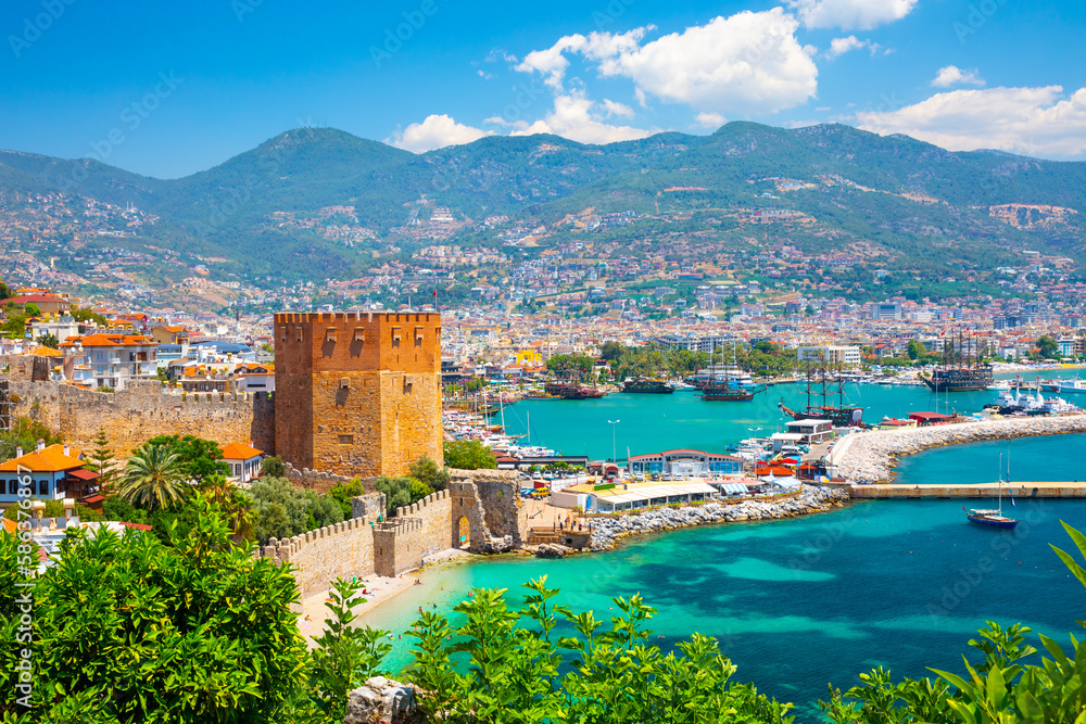 Wall mural panoramic view of the harbor of alanya on a beautiful summer day. alanya, turkey - Wall murals