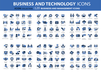 Fototapeta na wymiar Business and marketing, management, find job, meeting, teamwork collection. 120 set of blue icons set. Flat vector illustration 
