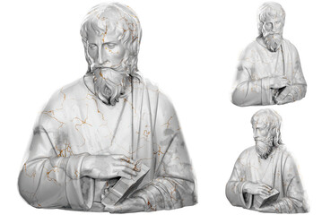 Fototapeta na wymiar 3D render of a saint statue with stone texture and gold accents. Great for religious design projects..