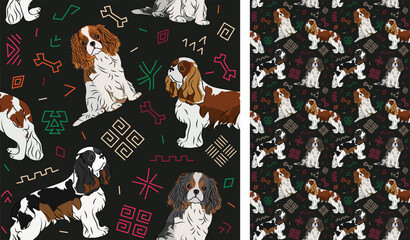 Abstract ethnic pattern with Cavalier King Charles Spaniel, black history month, incas seamless pattern with hand-drawn lines and colorful shapes in traditional African style. Seamless pattern. - obrazy, fototapety, plakaty