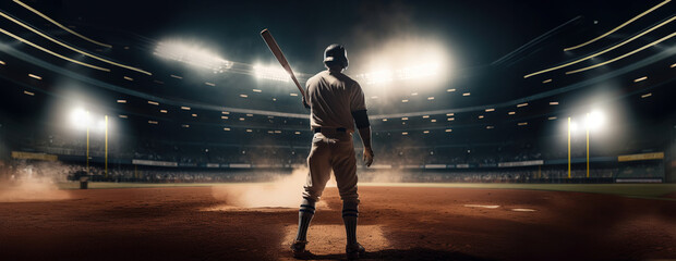baseball player standing ready in the middle of baseball arena stadium as wide banner with copyspace area - Generative AI