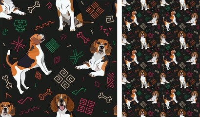 Abstract ethnic pattern with Beagle, black history month, juneteenth seamless pattern with hand-drawn lines and colorful shapes in traditional African style. Summer seamless pattern with dogs. Bright 