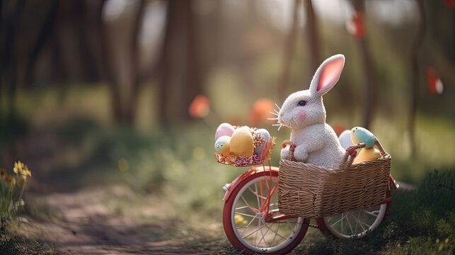 Ein s&uuml;&szlig;er Osterhase in einem Fahrradkorb mit farbigen Ostereiern (Generative AI)