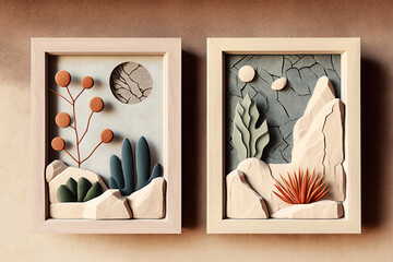 small very decorative wooden picture frame, beautiful rock landscape with cactus created with Generative AI technology