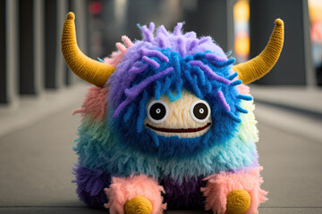 beautiful colorful cuddly toy for children, plush monster made of wool with two big horns created with Generative AI technology