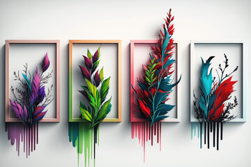 four plain picture frames in which colorful plants are depicted created with Generative AI technology