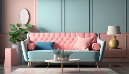 Cute Cozy Living Room Interior with pastel pink and blue accents. Generative AI