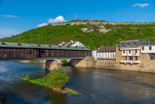 Covered wooden bridge in the town of Lovech in Bulgaria over the Osam river
