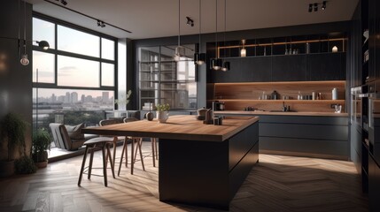 Interior of modern luxury penthouse kitchen design with wooden floor. Generative AI