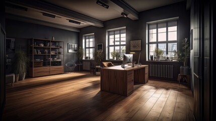 Fototapeta na wymiar The interior design of office with wooden floor, a dark grey amber palette. Generative AI