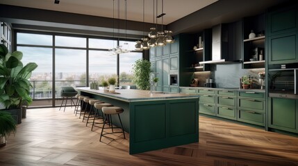 Interior of modern luxury penthouse kitchen design with wooden floor. Generative AI