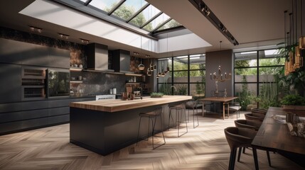 Fototapeta na wymiar Interior of modern luxury penthouse kitchen design with wooden floor. Generative AI